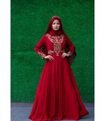 Red Designer Dress With Hand Embellishments On Bodice And On Sleeves With Matching Hijab