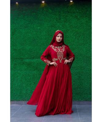 Red Designer Dress With Hand Embellishments On Bodice And On Sleeves With Matching Hijab 2