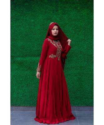 Red Designer Dress With Hand Embellishments On Bodice And On Sleeves With Matching Hijab 3