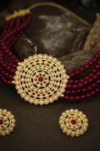 Gold Plated Latest Choker Design Traditional Stylish Fancy Pearl Necklace Jewellery Set for Women