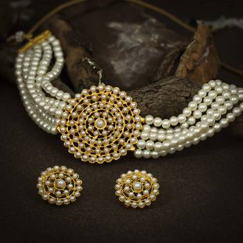 Gold Plated Latest Choker Design Traditional Stylish Fancy Pearl Necklace Jewellery Set for Women 1