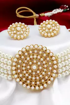 Gold Plated Latest Choker Design Traditional Stylish Fancy Pearl Necklace Jewellery Set for Women