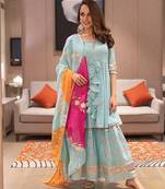 Women's Rayon Solid Embroidered Regular Kurta with Gotapatti Sharara with Chiffon Dupatta Set