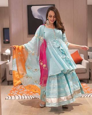 Women's Rayon Solid Embroidered Regular Kurta with Gotapatti Sharara with Chiffon Dupatta Set 2
