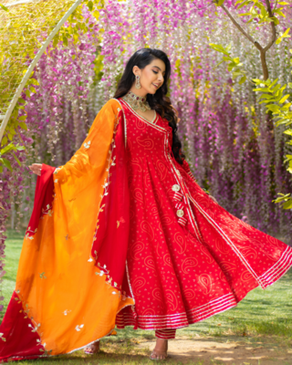 Women's Rayon Red Bandhej Gotta Suit Set with Gotapatti Pant with Chiffon Dupatta Set 1