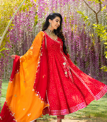 Women's Rayon Red Bandhej Gotta Suit Set with Gotapatti Pant with Chiffon Dupatta Set