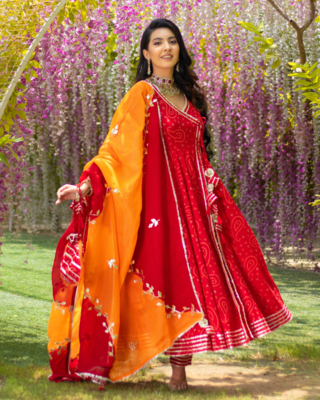 Women's Rayon Red Bandhej Gotta Suit Set with Gotapatti Pant with Chiffon Dupatta Set 2