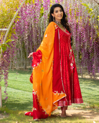 Women's Rayon Red Bandhej Gotta Suit Set with Gotapatti Pant with Chiffon Dupatta Set 3