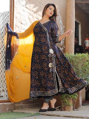 Women's Rayon Blue Bandhej Gotta Suit Set with Gotapatti Pant with Chiffon Dupatta Set 1