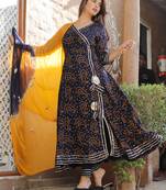 Women's Rayon Blue Bandhej Gotta Suit Set with Gotapatti Pant with Chiffon Dupatta Set