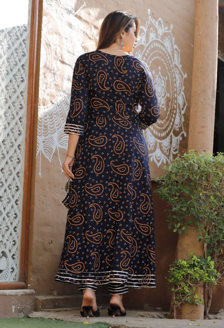 Women's Rayon Blue Bandhej Gotta Suit Set with Gotapatti Pant with Chiffon Dupatta Set