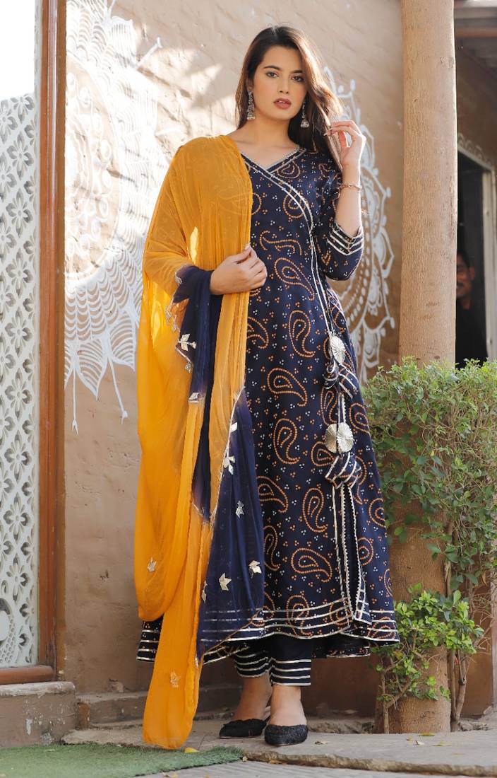 Women's Rayon Blue Bandhej Gotta Suit Set with Gotapatti Pant with Chiffon Dupatta Set