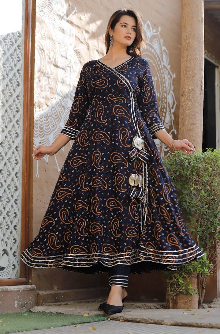 Women's Rayon Blue Bandhej Gotta Suit Set with Gotapatti Pant with Chiffon Dupatta Set