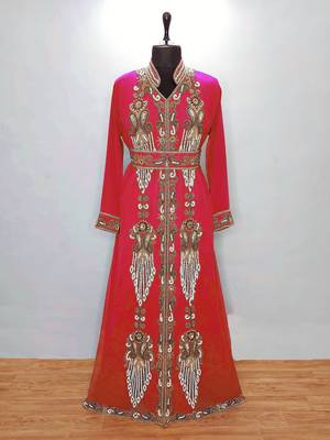 Red Moroccan Kaftan With Sun-proof hijab 1