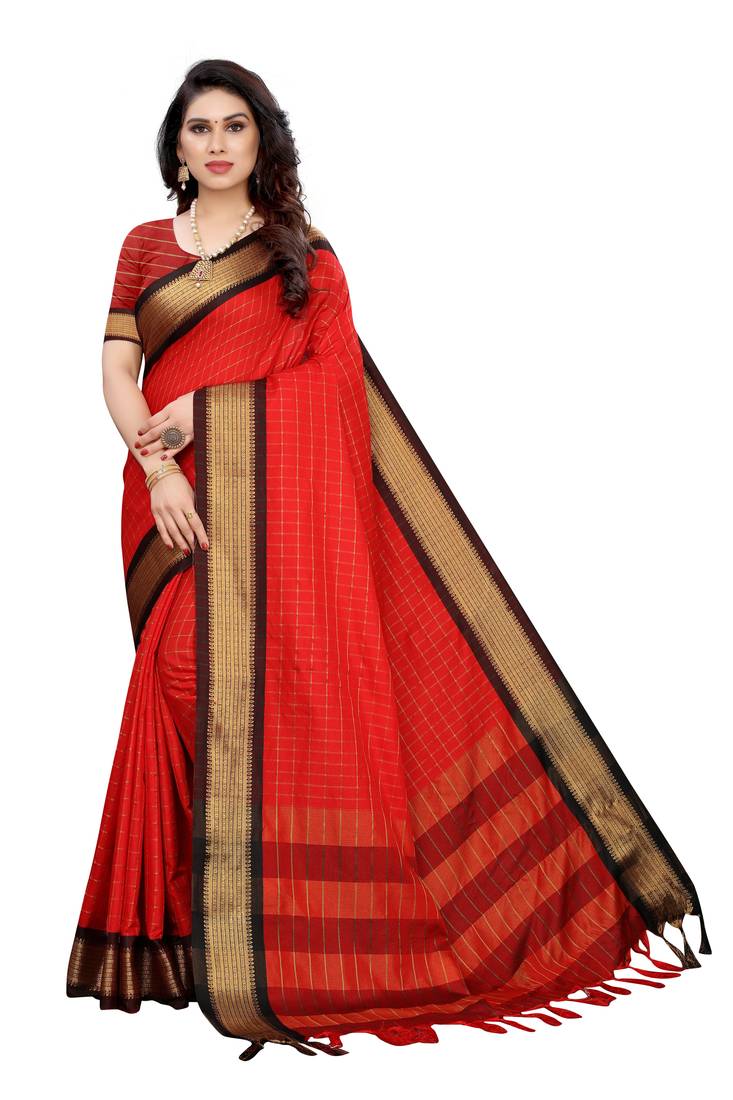 Red woven silk saree with blouse