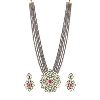 Crystal Shine Multistrand Grey Beads Ethnic Kundan Necklace & Earring Set For Women 2