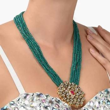 Crystal Shine Multistrand Green Beads Ethnic Kundan Necklace & Earring Set For Women 2