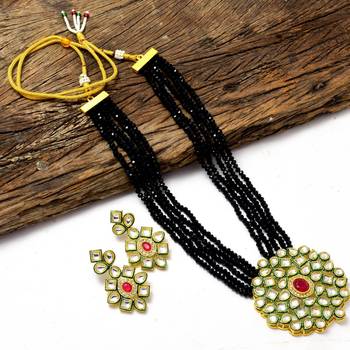 Crystal Shine Multistrand Black Beads Ethnic Kundan Necklace & Earring Set For Women 1