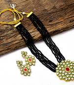 Crystal Shine Multistrand Black Beads Ethnic Kundan Necklace & Earring Set For Women