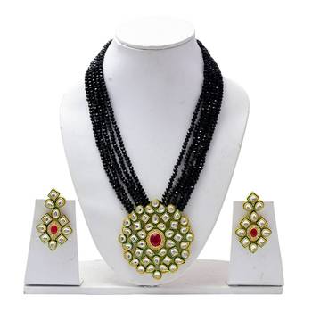 Crystal Shine Multistrand Black Beads Ethnic Kundan Necklace & Earring Set For Women 2