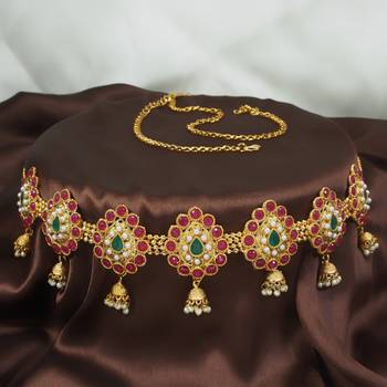 LALSO Beautiful Gold Plated Multicolour Jhumki Style Ball Chain Kamarband Waistbelt Jewelry - LBCKB_06 1