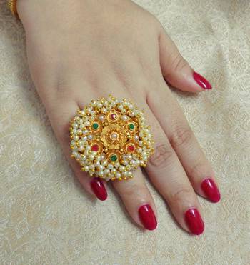 LALSO Designer Big Size Pearl Bandhani Work Finger RIng - LBFR_02 1