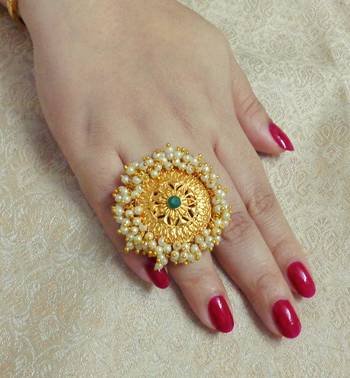 LALSO Designer Big Size Pearl Bandhani Work Finger RIng - LBFR_04 1