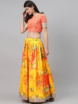 Engrossing Yellow Floral Designer Lehenga with rich embroidered Peach Blouse and Dupatta 3