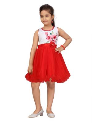 Red printed net kids-frocks 1