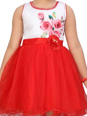 Red printed net kids-frocks 5