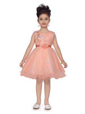Orange embroidered net kids-frocks 1