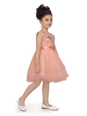 Orange embroidered net kids-frocks 3