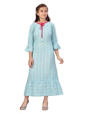 Turquoise woven cotton kids-frocks 1