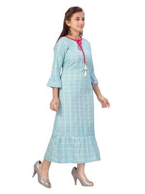 Turquoise woven cotton kids-frocks 2