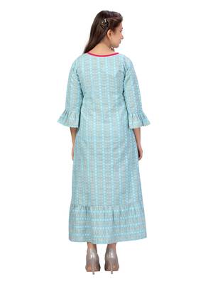 Turquoise woven cotton kids-frocks 4