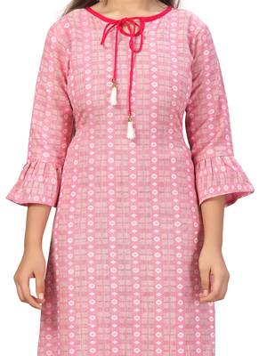 Pink woven cotton kids-frocks 5