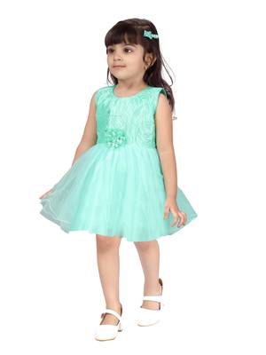 Turquoise embroidered nylon kids-frocks 3