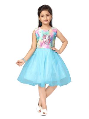 Turquoise printed nylon kids-frocks 1