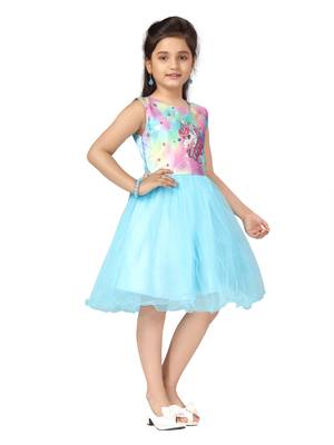 Turquoise printed nylon kids-frocks 2