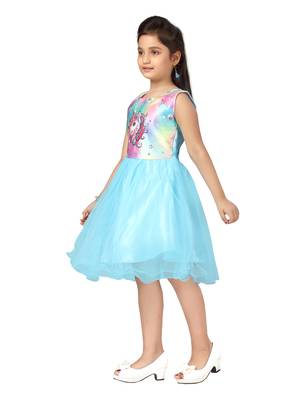 Turquoise printed nylon kids-frocks 3