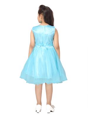 Turquoise printed nylon kids-frocks 4
