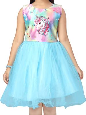 Turquoise printed nylon kids-frocks 5