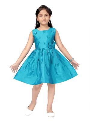 Turquoise plain silk kids-frocks 1