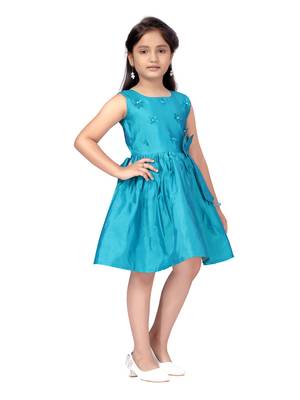 Turquoise plain silk kids-frocks 2