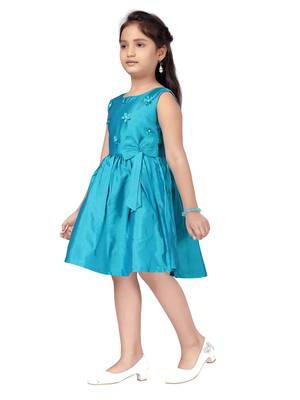 Turquoise plain silk kids-frocks 3