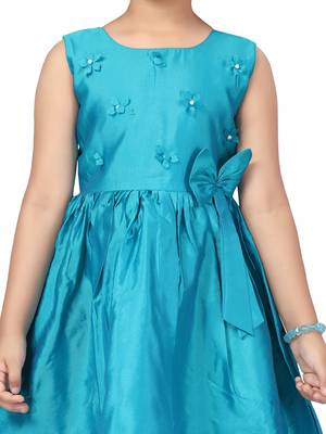 Turquoise plain silk kids-frocks 5