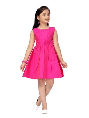 Pink plain silk kids-frocks 1