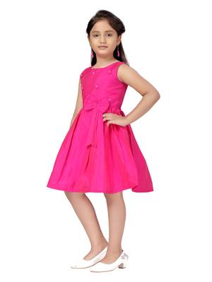 Pink plain silk kids-frocks 3