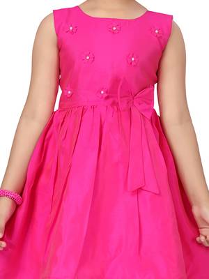 Pink plain silk kids-frocks 5