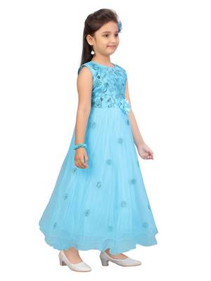 Turquoise woven net kids-girl-gowns 2